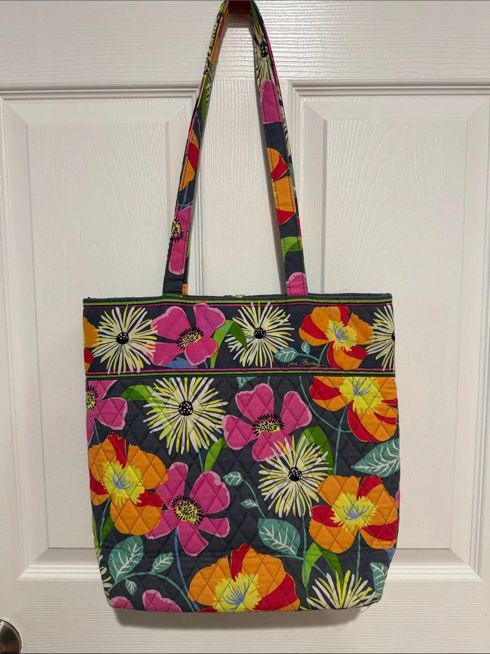 Vera Bradley Quilted Floral Tote in Navy with Multicolor Blooms- like New